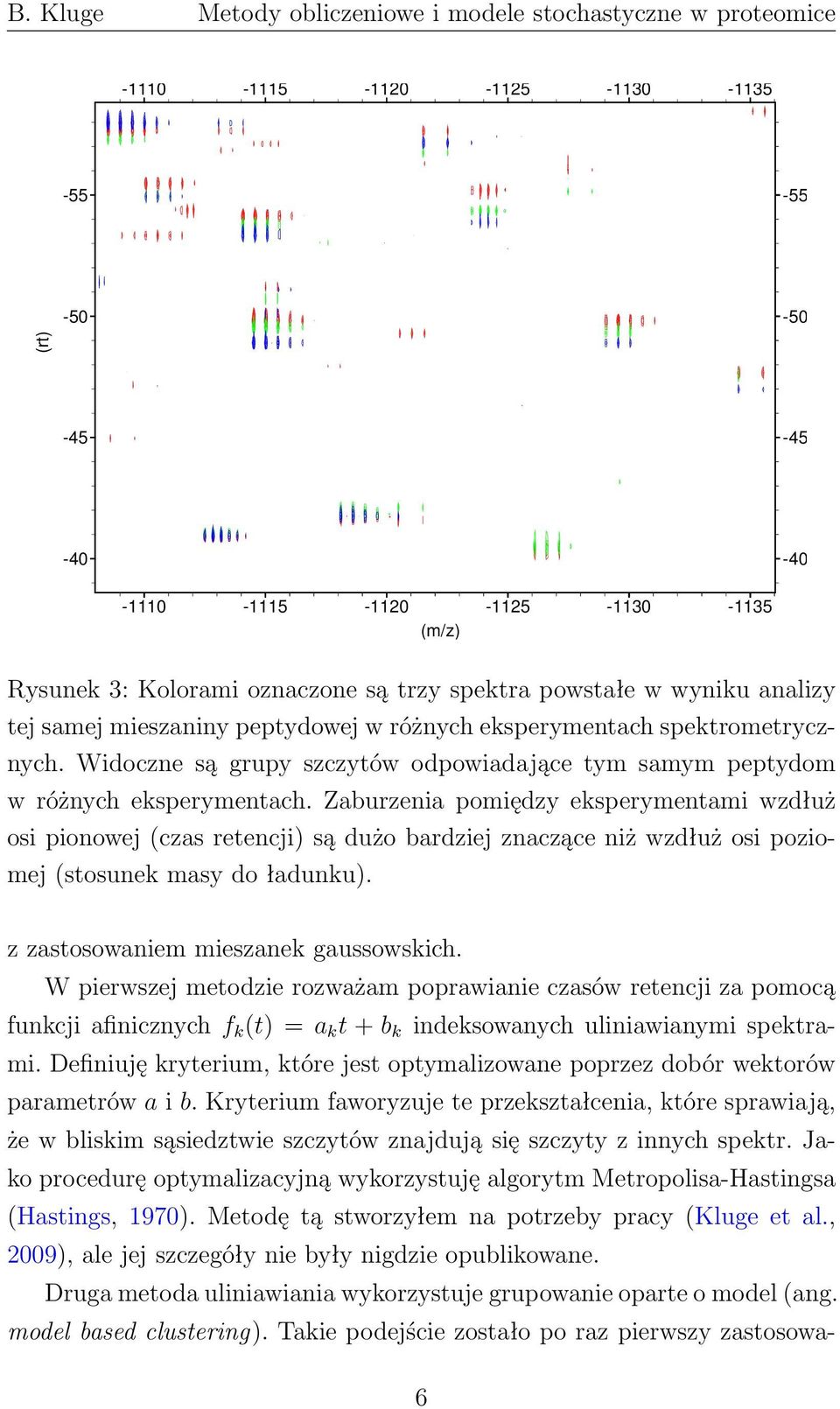 Zaburzenia pomiędzy eksperymentami wzdłuż osi pionowej (czas retencji) są dużo bardziej znaczące niż wzdłuż osi poziomej (stosunek masy do ładunku). z zastosowaniem mieszanek gaussowskich.