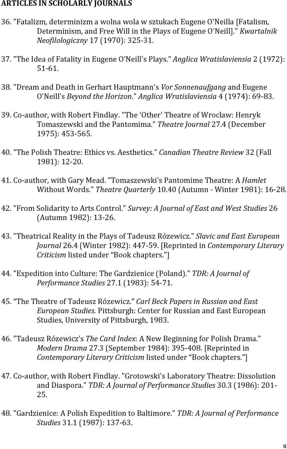 "Dream and Death in Gerhart Hauptmann's Vor Sonnenaufgang and Eugene O'Neill's Beyond the Horizon." Anglica Wratislaviensia 4 (1974): 69-83. 39. Co- author, with Robert Findlay.
