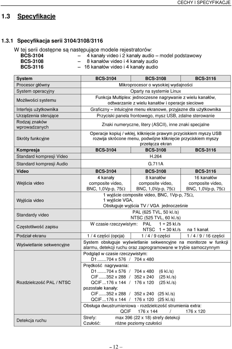 1 Specyfikacja serii 3104/3108/3116 W tej serii dost pne s nast puj ce modele rejestratorówś BCS-3104 4 kanały video i 2 kanały audio model podstawowy BCS-3108 8 kanałów video i 4 kanały audio