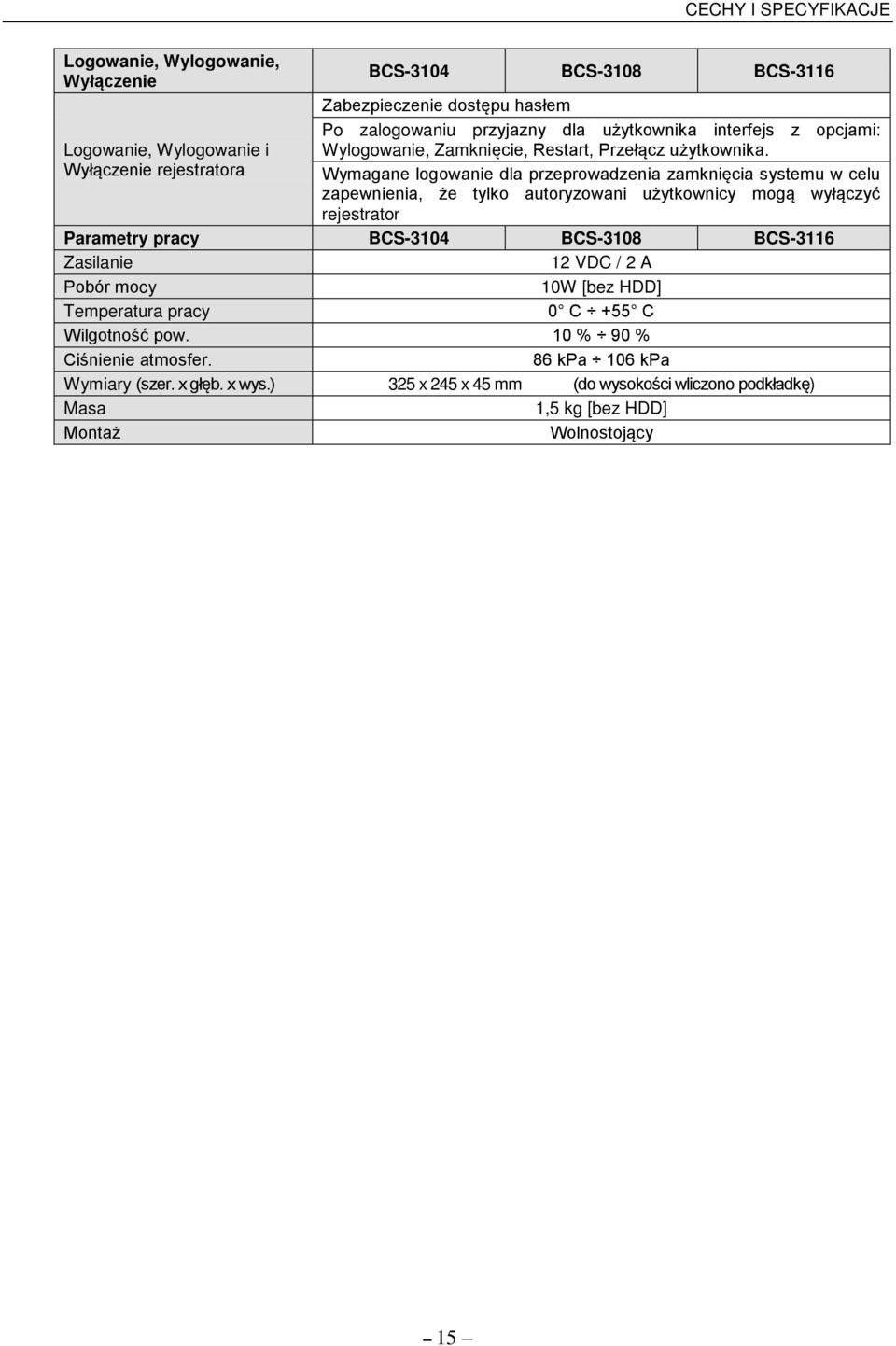 Wymagane logowanie dla przeprowadzenia zamkni cia systemu w celu zapewnienia, że tylko autoryzowani użytkownicy mog wył czyć rejestrator Parametry pracy BCS-3104 BCS-3108 BCS-3116