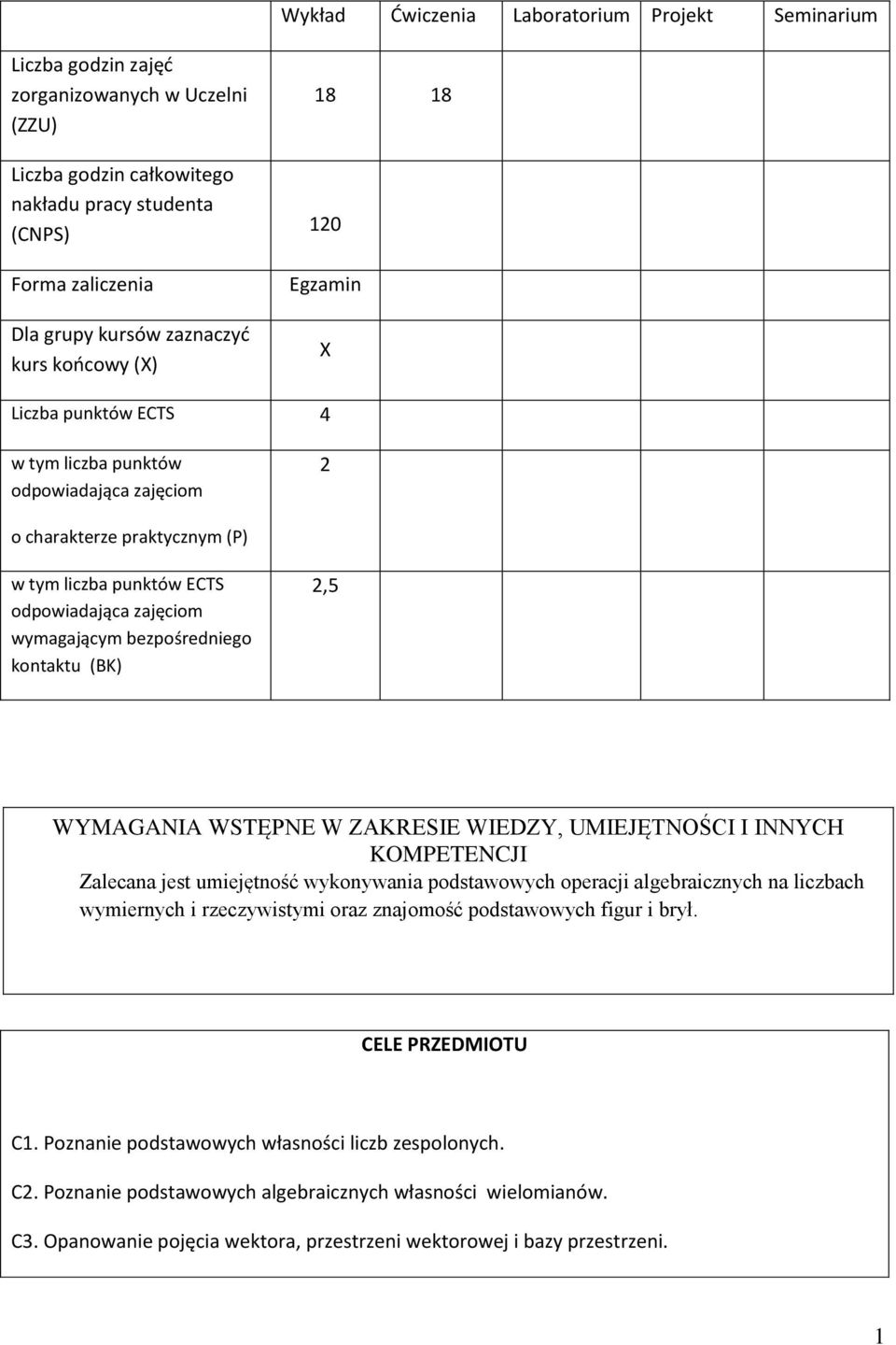 WYMAGANIA WSTĘPNE W ZAKRESIE WIEDZY, UMIEJĘTNOŚCI I INNYCH KOMPETENCJI Zalecana jest umiejętność wykonywania podstawowych operacji algebraicznych na liczbach wymiernych i rzeczywistymi oraz znajomość