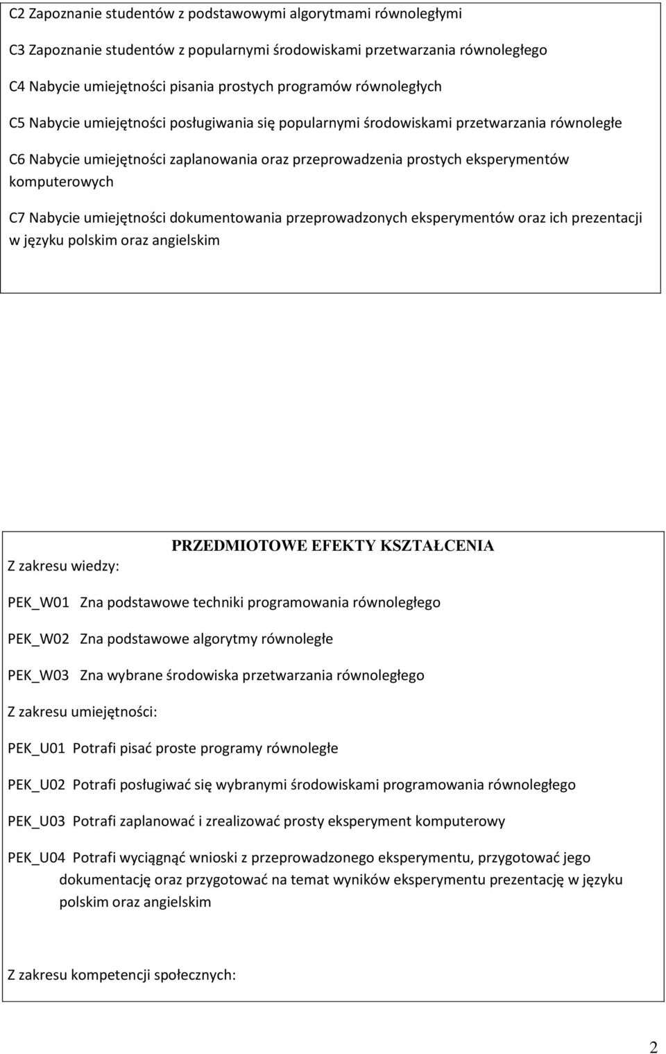 C7 Nabycie umiejętności dokumentowania przeprowadzonych eksperymentów oraz ich prezentacji w języku polskim oraz angielskim Z zakresu wiedzy: PRZEDMIOTOWE EFEKTY KSZTAŁCENIA PEK_W0 Zna podstawowe