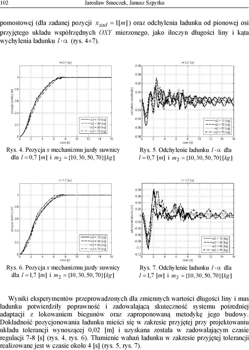 Poycja x mechanimu jady suwnicy dla l = 1,7 [ m] i m 2 = {1, 3, 5, 7}