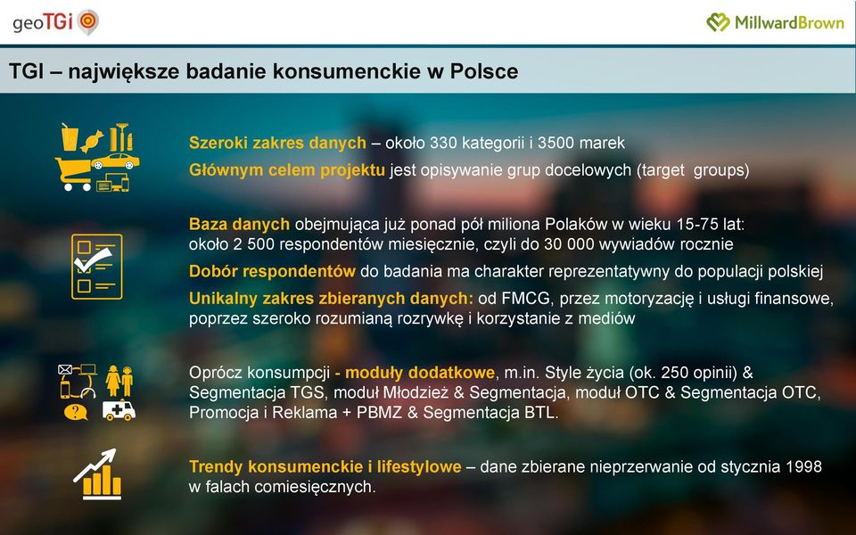 Unikalny zakres zbieranych danych: od FMCG, przez motoryzację i usługi finansowe, poprzez szeroko rozumianą rozrywkę i korzystanie z mediów Oprócz konsumpcji - moduły dodatkowe, m.in. Style życia (ok.