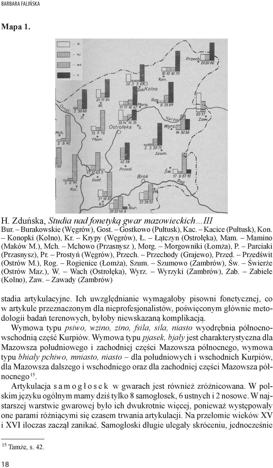 ), Rog. Rogienice (Łomża), Szum. Szumowo (Zambrów), Św. Świerże (Ostrów Maz.), W. Wach (Ostrołęka), Wyrz. Wyrzyki (Zambrów), Zab. Zabiele (Kolno), Zaw. Zawady (Zambrów) stadia artykulacyjne.