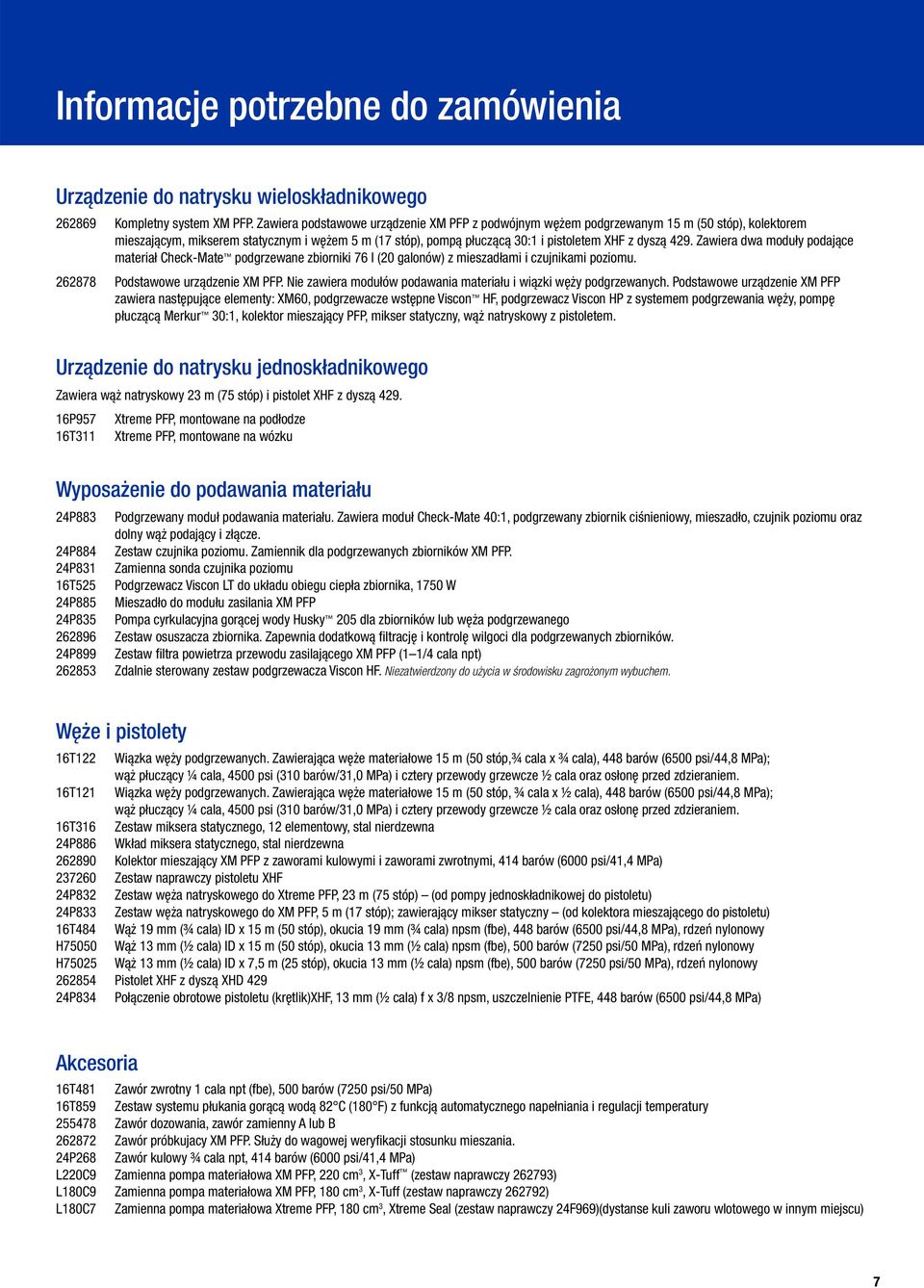 Zawiera dwa moduły podające materiał Check-Mate podgrzewane zbiorniki 76 l (20 galonów) z mieszadłami i czujnikami poziomu. 262878 Podstawowe urządzenie XM PFP.