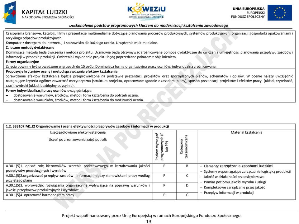 Uczniowie będą otrzymywać zróżnicowane pomoce dydaktyczne do ćwiczenia umiejętności planowania przepływu zasobów i informacji w procesie produkcji.