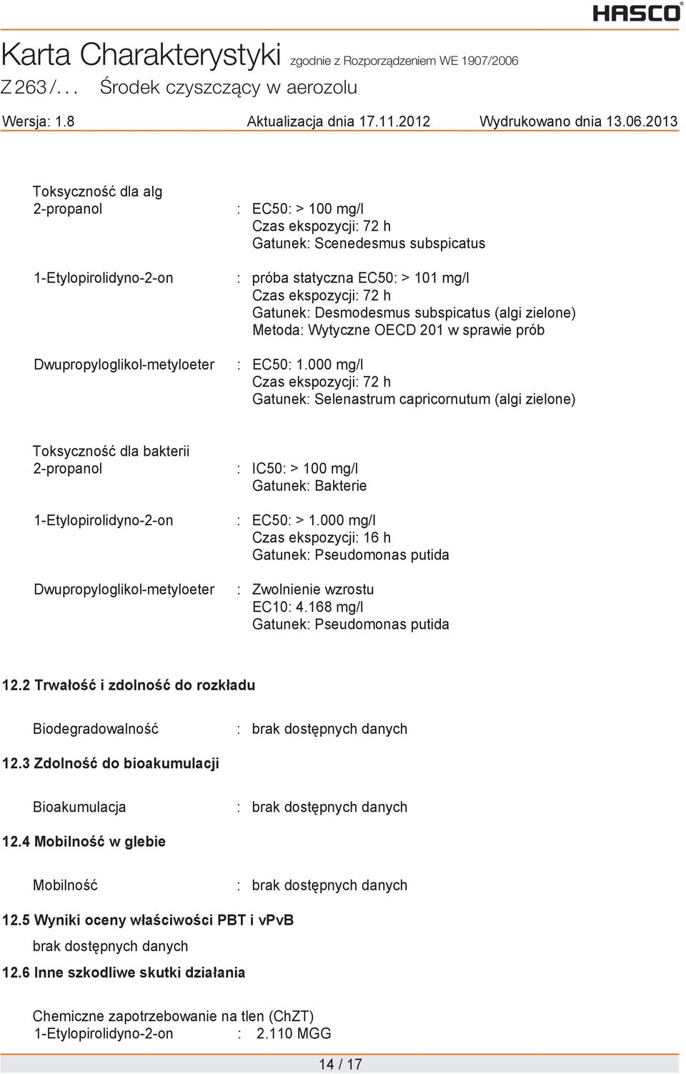 000 mg/l Czas ekspozycji: 72 h Gatunek: Selenastrum capricornutum (algi zielone) Toksyczno dla bakterii Dwupropyloglikol-metyloeter : IC50: > 100 mg/l Gatunek: Bakterie : EC50: > 1.