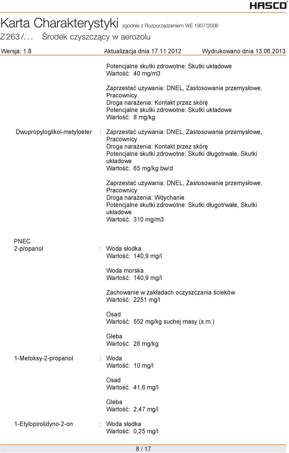 Potencjalne skutki zdrowotne: Skutki uk adowe Warto : 8 mg/kg Dwupropyloglikol-metyloeter : Zaprzesta u ywania: DNEL, Zastosowanie przemys owe, Pracownicy Droga nara enia: Kontakt przez skór