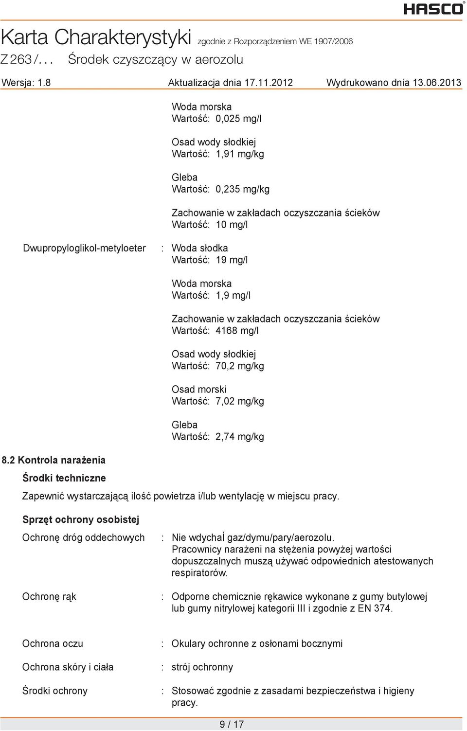 Dwupropyloglikol-metyloeter : Woda s odka Warto : 19 mg/l Woda morska Warto : 1,9 mg/l Zachowanie w zak adach oczyszczania cieków Warto : 4168 mg/l Osad wody s odkiej Warto : 70,2 mg/kg Osad morski