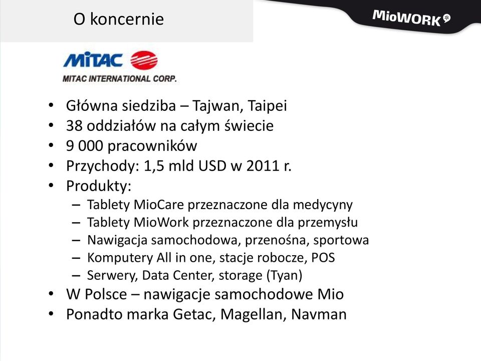 Produkty: Tablety MioCare przeznaczone dla medycyny Tablety MioWork przeznaczone dla przemysłu