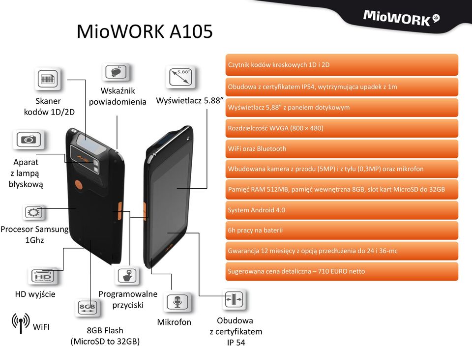 błyskową Wbudowana kamera z przodu (5MP) i z tyłu (0,3MP) oraz mikrofon Pamięć RAM 512MB, pamięć wewnętrzna 8GB, slot kart MicroSD do 32GB System Android 4.