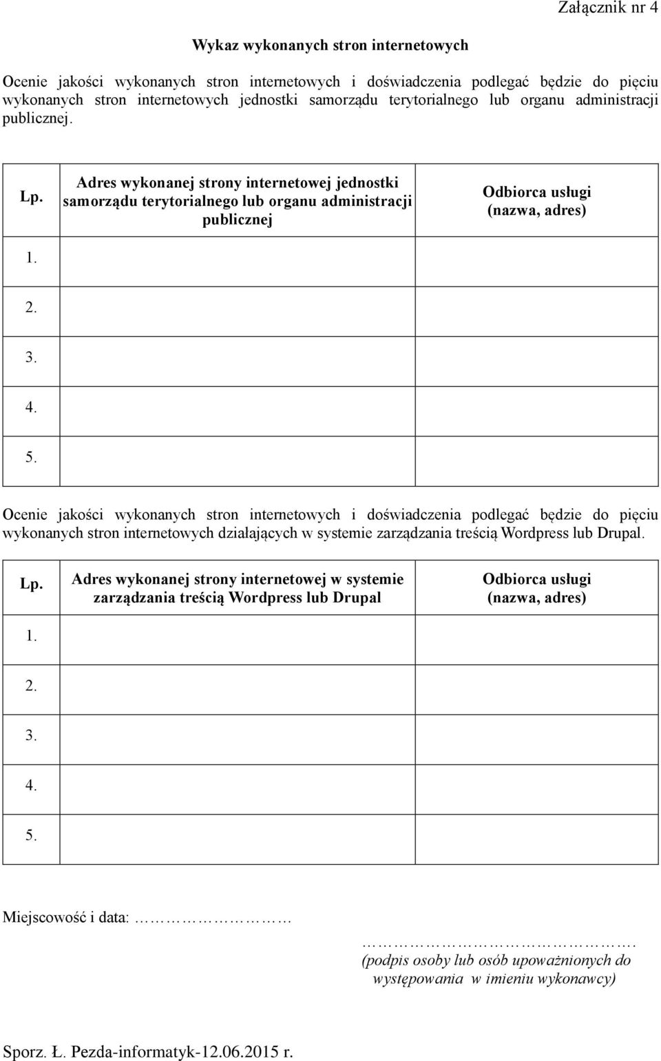 3. 4. 5. Ocenie jakości wykonanych stron internetowych i doświadczenia podlegać będzie do pięciu wykonanych stron internetowych działających w systemie zarządzania treścią Wordpress lub Drupal. Lp. 1.