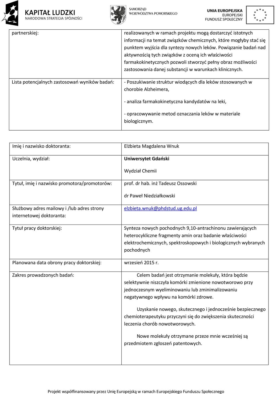 - Poszukiwanie struktur wiodących dla leków stosowanych w chorobie Alzheimera, - analiza farmakokinetyczna kandydatów na leki, - opracowywanie metod oznaczania leków w materiale biologicznym.