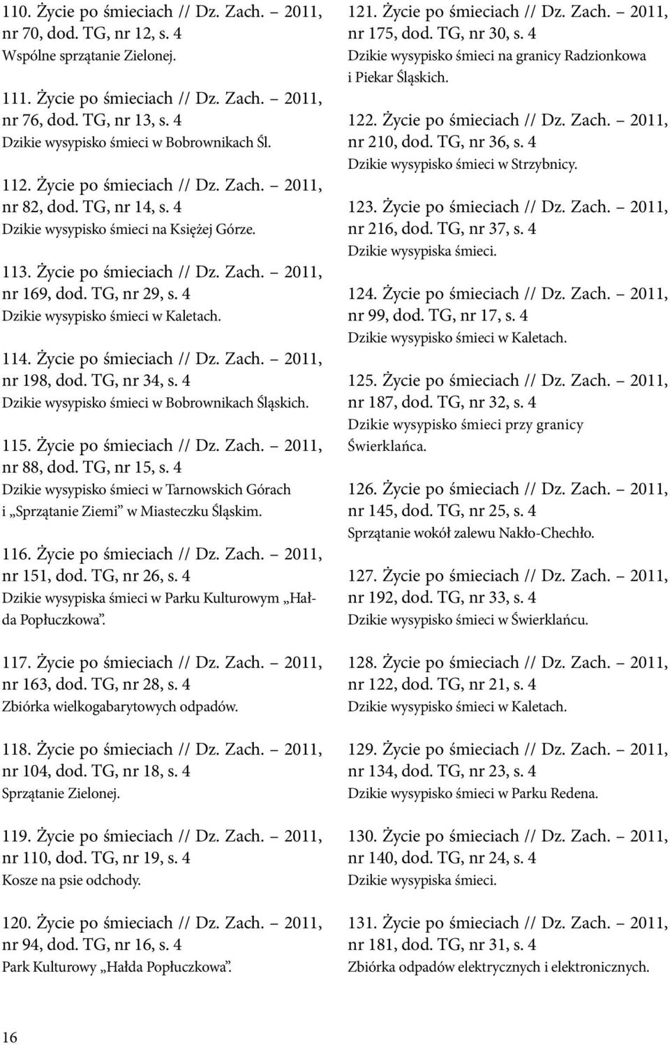 TG, nr 29, s. 4 Dzikie wysypisko śmieci w Kaletach. 114. Życie po śmieciach // Dz. Zach. 2011, nr 198, dod. TG, nr 34, s. 4 Dzikie wysypisko śmieci w Bobrownikach Śląskich. 115.