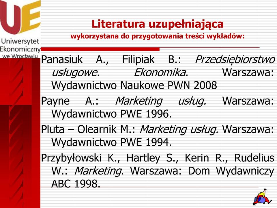 : Marketing usług. Warszawa: Wydawnictwo PWE 1996. Pluta Olearnik M.: Marketing usług. Warszawa: Wydawnictwo PWE 1994.