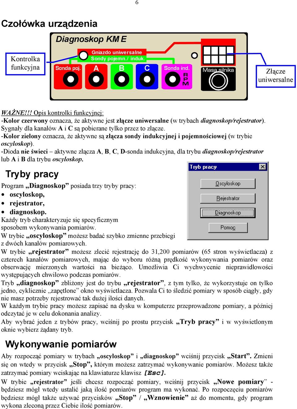 -Kolor zielony oznacza, że aktywne są złącza sondy indukcyjnej i pojemnościowej (w trybie oscyloskop).