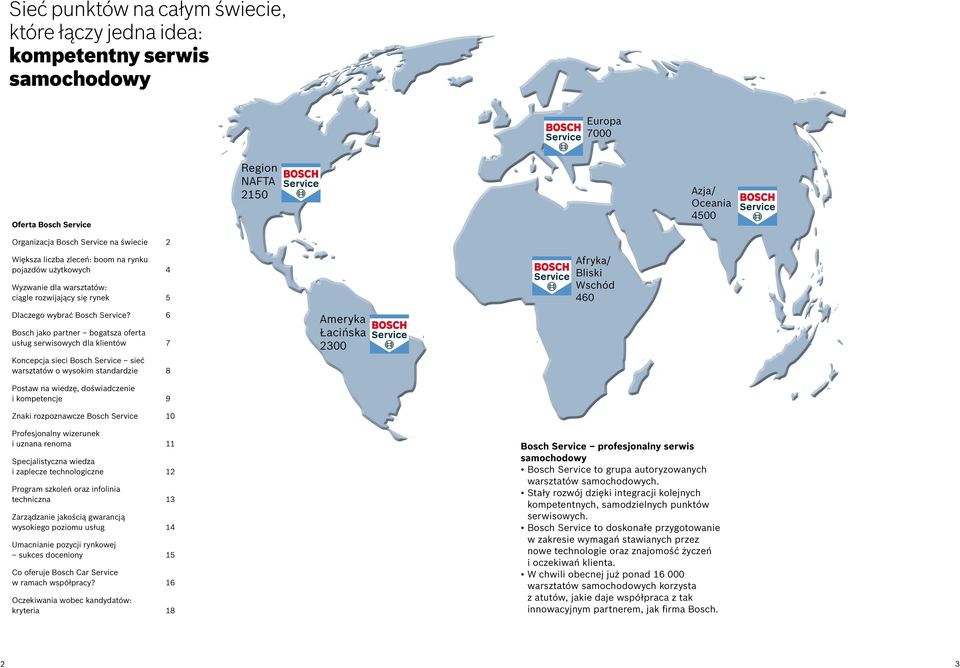 6 Bosch jako partner bogatsza oferta usług serwisowych dla klientów 7 Koncepcja sieci Bosch Service sieć warsztatów o wysokim standardzie 8 Ameryka Łacińska 2300 Postaw na wiedzę, doświadczenie i