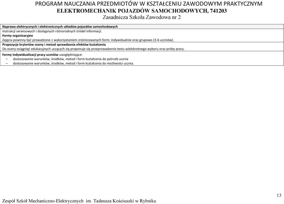 ropozycje kryteriów oceny i metod sprawdzania efektów kształcenia Do oceny osiągnięć edukacyjnych uczących się proponuje się przeprowadzenie testu wielokrotnego wyboru oraz próby pracy.