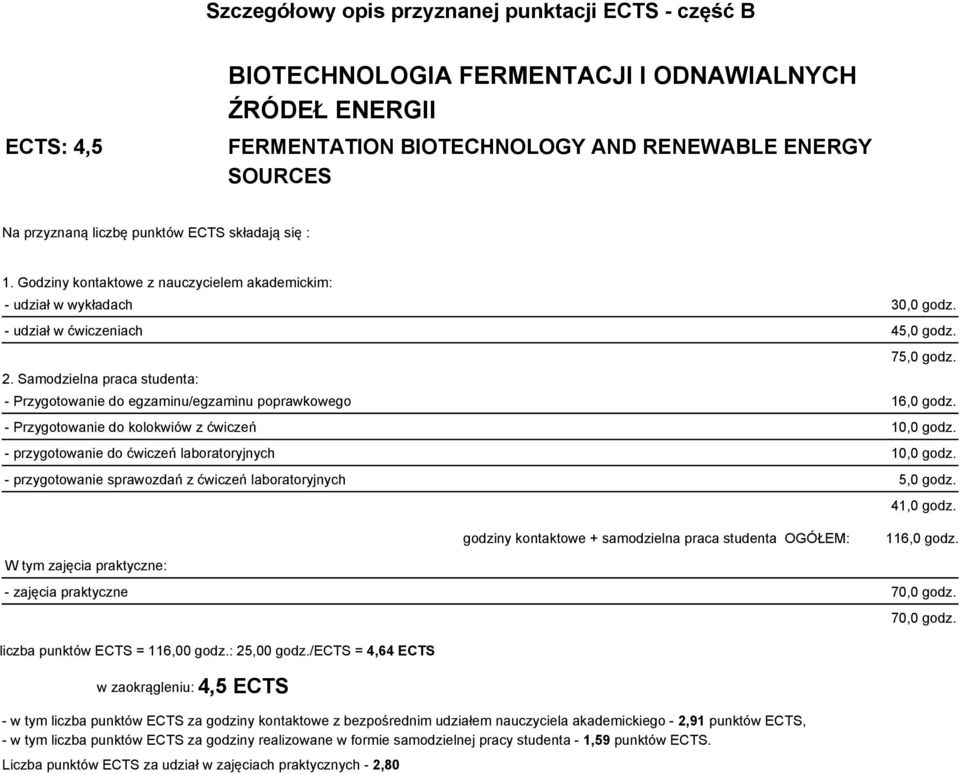 - Przygotowanie do egzaminu/egzaminu poprawkowego 16,0 godz. - Przygotowanie do kolokwiów z ćwiczeń 10,0 godz. - przygotowanie do ćwiczeń laboratoryjnych 10,0 godz.