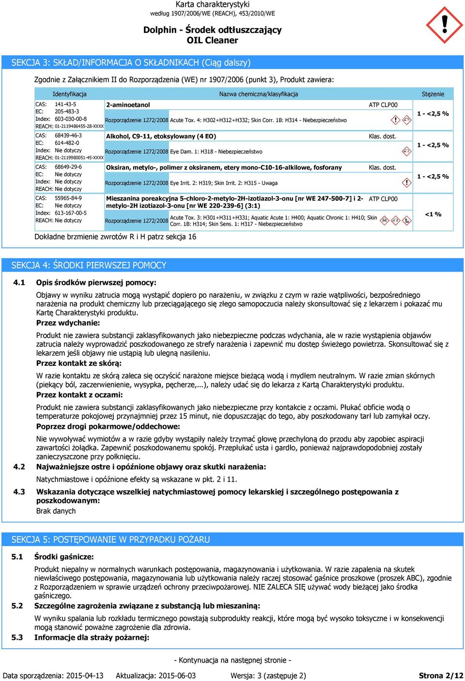 1B: H314 - Niebezpieczeństwo REACH: 01-2119486455-28-XXXX CAS: 68439-46-3 Alkohol, C9-11, etoksylowany (4 EO) EC: 614-482-0 Index: Rozporządzenie 1272/2008 Eye Dam.