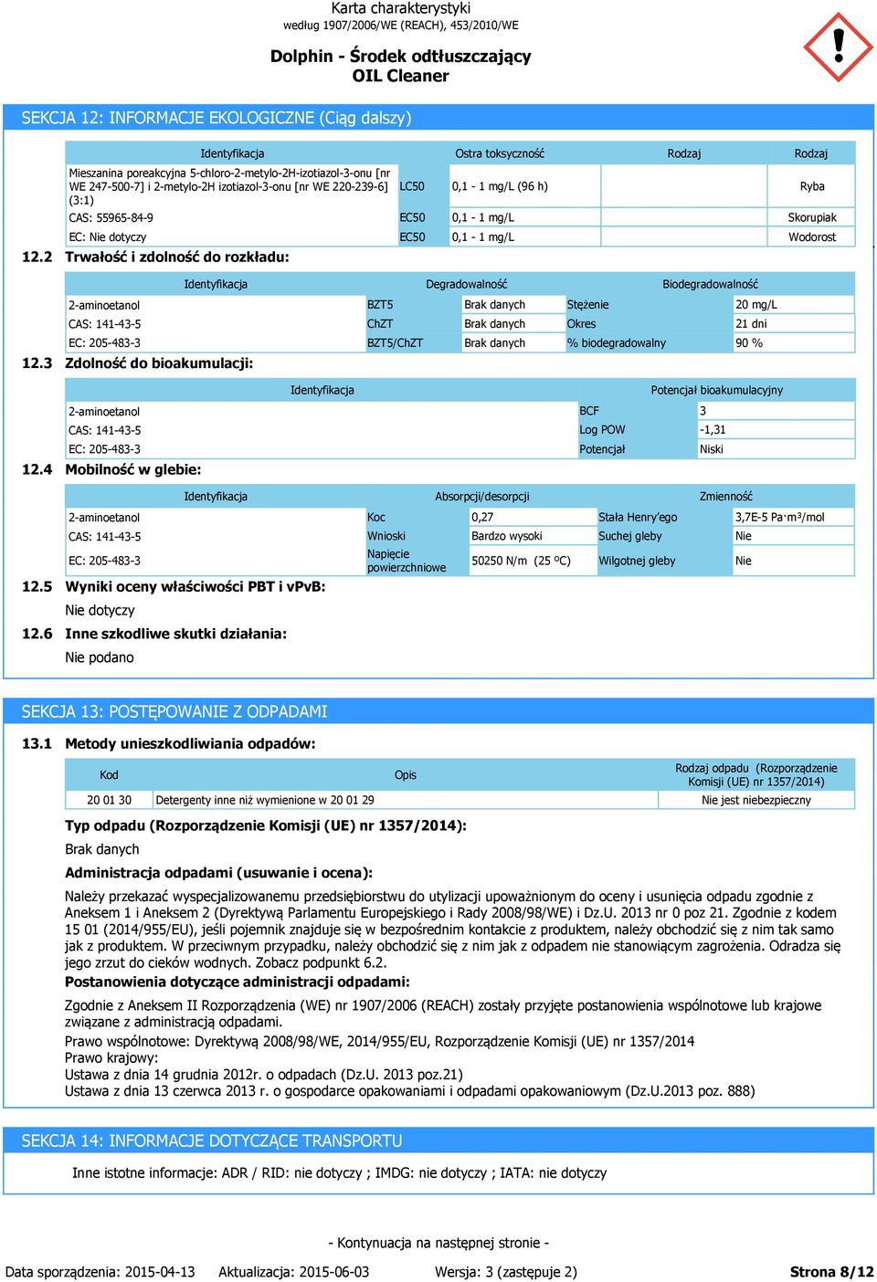 EC50 0,1-1 mg/l (96 h) 0,1-1 mg/l 0,1-1 mg/l Ryba Skorupiak Wodorost Degradowalność Biodegradowalność 12.