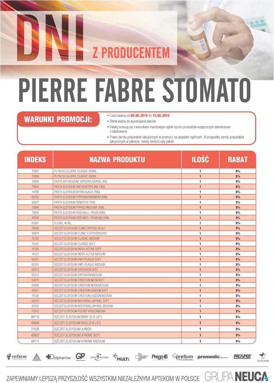 73646 PASTA ELGYDIUM P/PROCHNICOWA 75ML 1 5% 73645 PASTA ELGYDIUM KIDS MALI.-TRUSK.50ML 1 5% 44098 PASTA ELGYDIUM KIDS MIET.-TRUSKAW.50ML 1 5% 20307 ELUGEL 40 ML 1 6% 76830 SZCZOT.