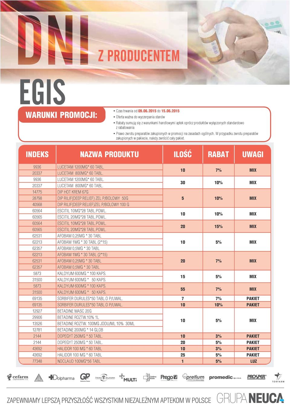 30 10% MIX 14775 DIP HOT KREM 67G 28798 DIP RILIF(DEEP RELIEF) ZEL P/BOLOWY 50G 5 10% MIX 40568 DIP RILIF(DEEP RELIEF)ZEL P/BOLOWY 100 G 60564 ESCITIL 10MG*28 TABL.POWL. 60565 ESCITIL 20MG*28 TABL.