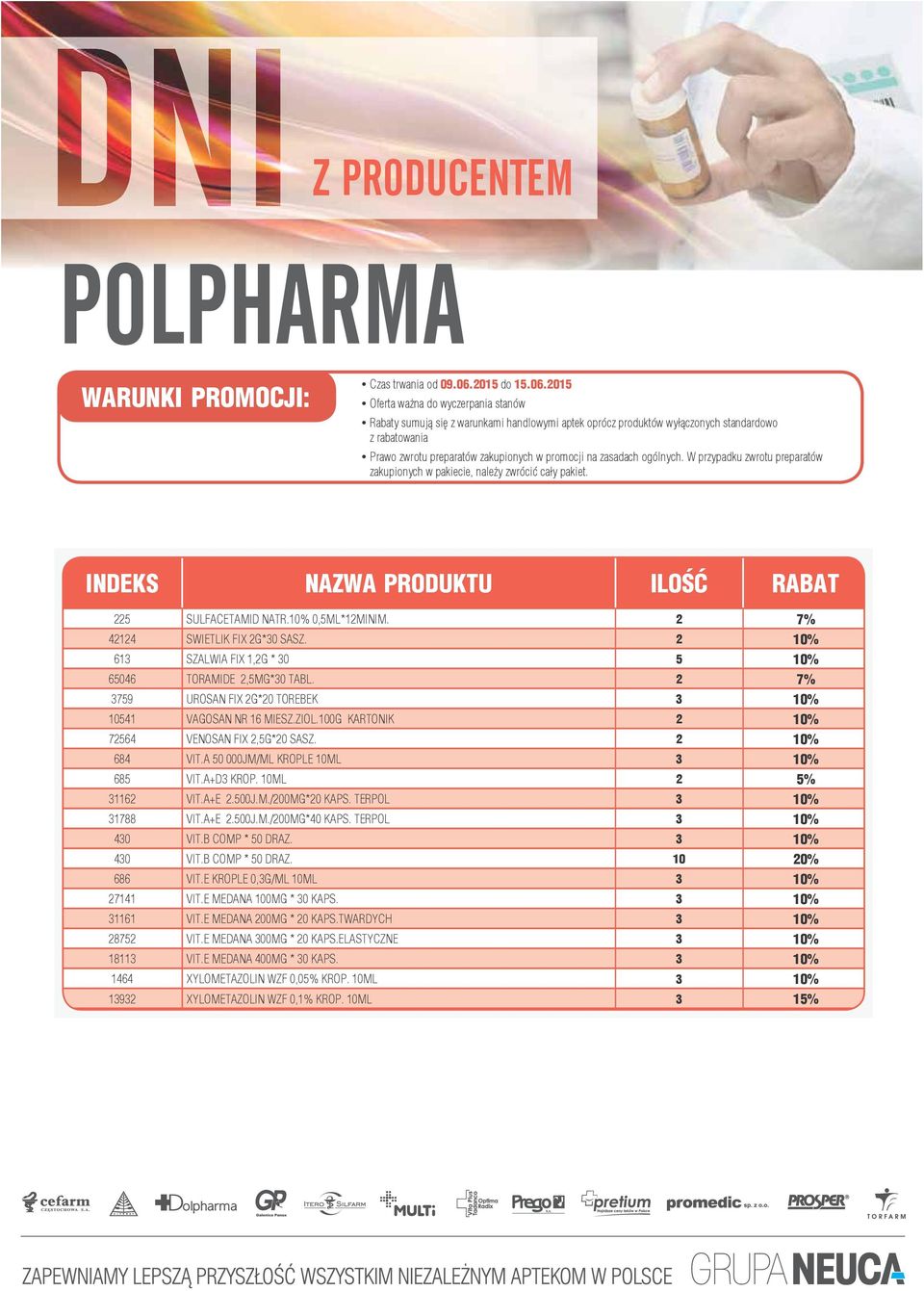 2 10% 684 VIT.A 50 000JM/ML KROPLE 10ML 3 10% 685 VIT.A+D3 KROP. 10ML 2 5% 31162 VIT.A+E 2.500J.M./200MG*20 KAPS. TERPOL 3 10% 31788 VIT.A+E 2.500J.M./200MG*40 KAPS. TERPOL 3 10% 430 VIT.