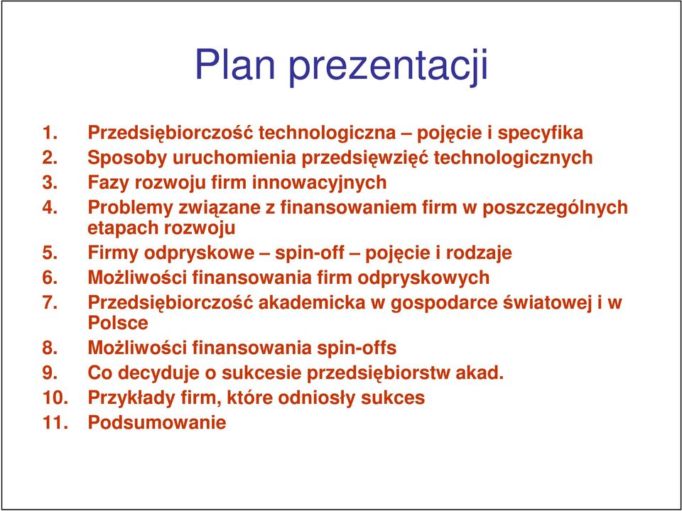 Firmy odpryskowe spin-off pojęcie i rodzaje 6. Możliwości finansowania firm odpryskowych 7.