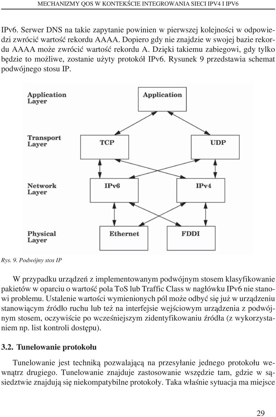 Rysunek 9 przedstawia schemat podwójnego stosu IP. Rys. 9. Podwójny stos IP W przypadku urządzeń z implementowanym podwójnym stosem klasyfikowanie pakietów w oparciu o wartość pola ToS lub Traffic Class w nagłówku IPv6 nie stanowi problemu.