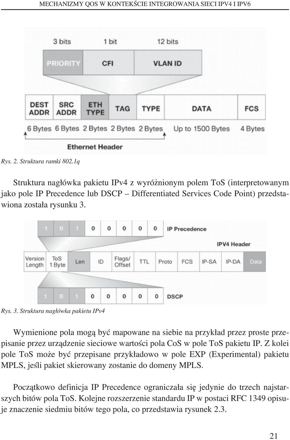 Rys. 3. Struktura nagłówka pakietu IPv4 Wymienione pola mogą być mapowane na siebie na przykład przez proste przepisanie przez urządzenie sieciowe wartości pola CoS w pole ToS pakietu IP.