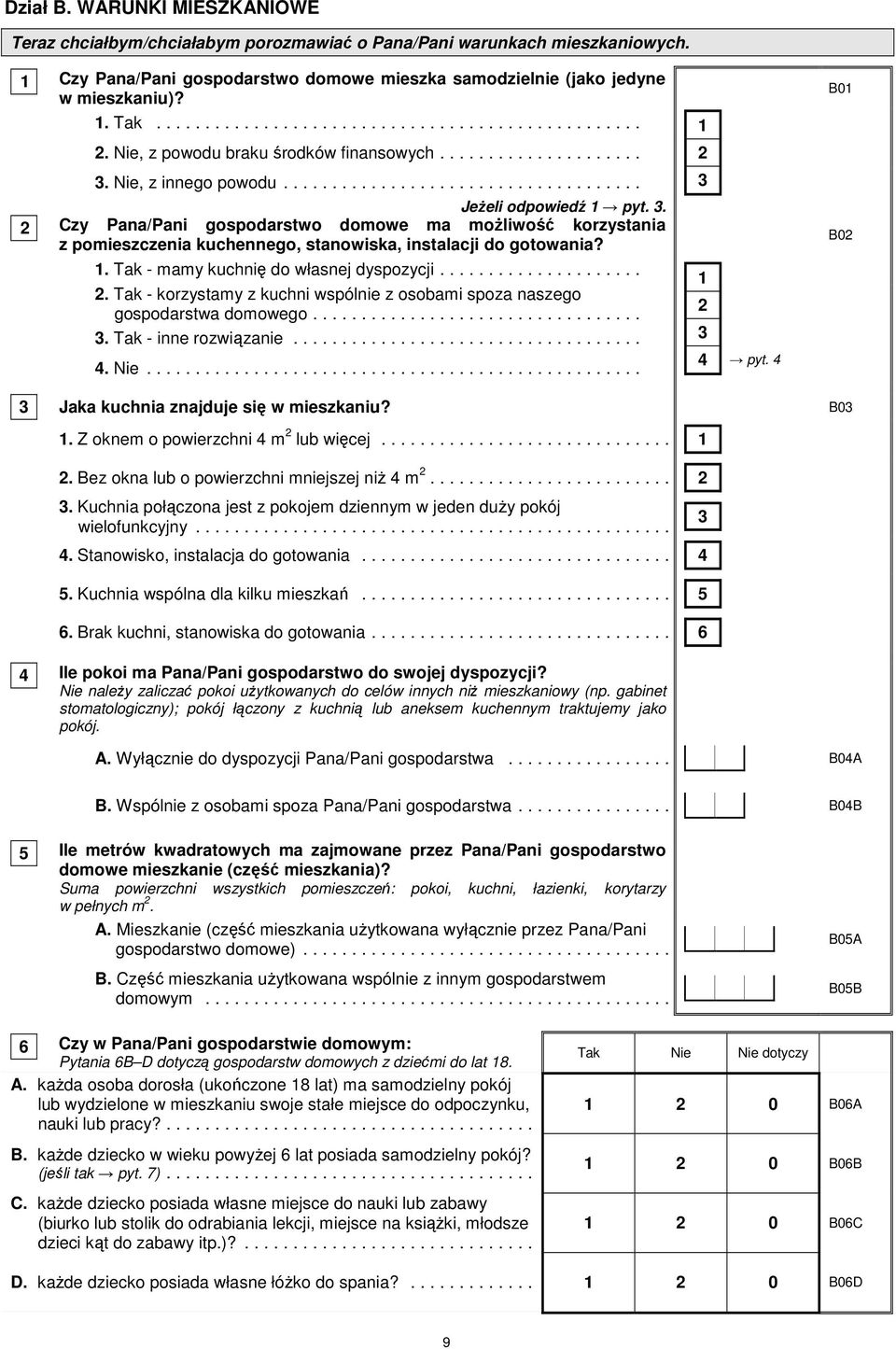 3. 2 Czy Pana/Pani gospodarstwo domowe ma moŝliwość korzystania z pomieszczenia kuchennego, stanowiska, instalacji do gotowania? 1. Tak - mamy kuchnię do własnej dyspozycji..................... 2. Tak - korzystamy z kuchni wspólnie z osobami spoza naszego gospodarstwa domowego.