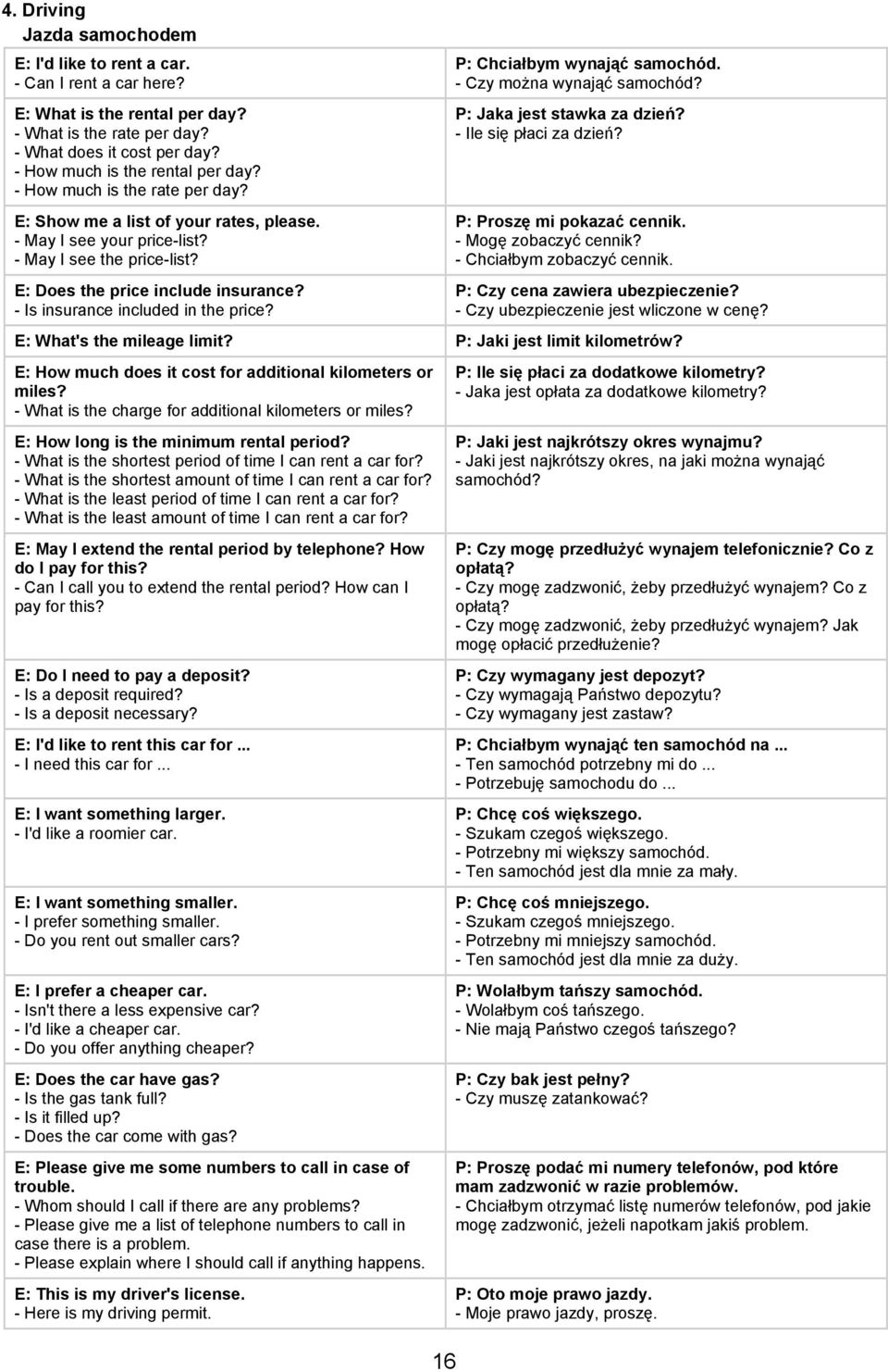- Is insurance included in the price? 16 P: Chciałbym wynająć samochód. - Czy można wynająć samochód? P: Jaka jest stawka za dzień? - Ile się płaci za dzień? P: Proszę mi pokazać cennik.
