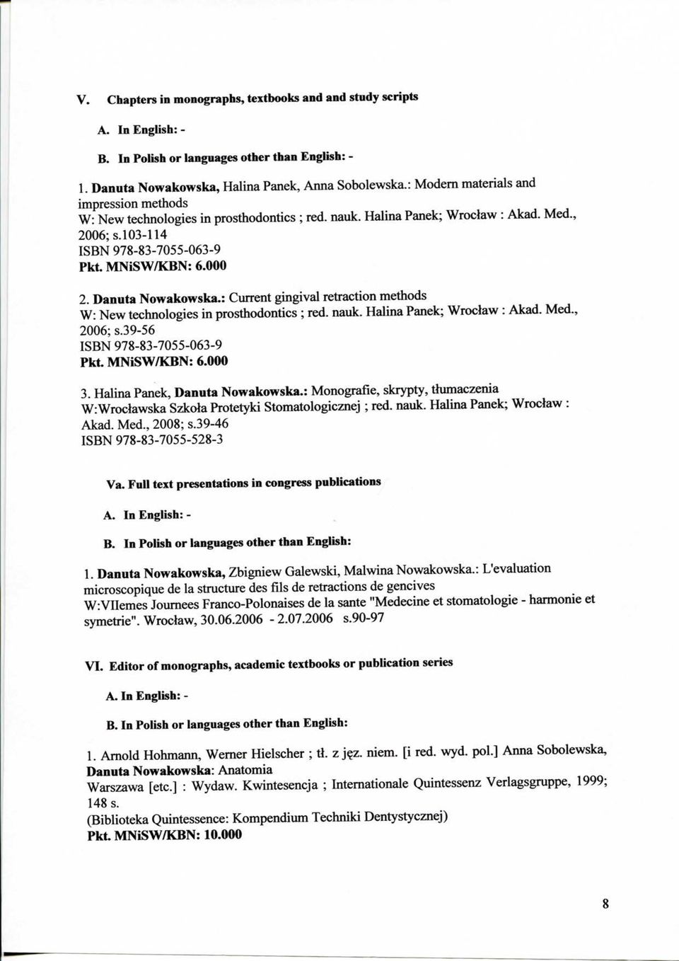 : Current gingival retraction methods W: New technologies in prosthodontics ; red. nauk. Halina Panek; Wroclaw : Akad. Med., 2006; s.39-56 ISBN 978-83-7055-063-9 3. Halina Panek, Danuta Nowakowska.