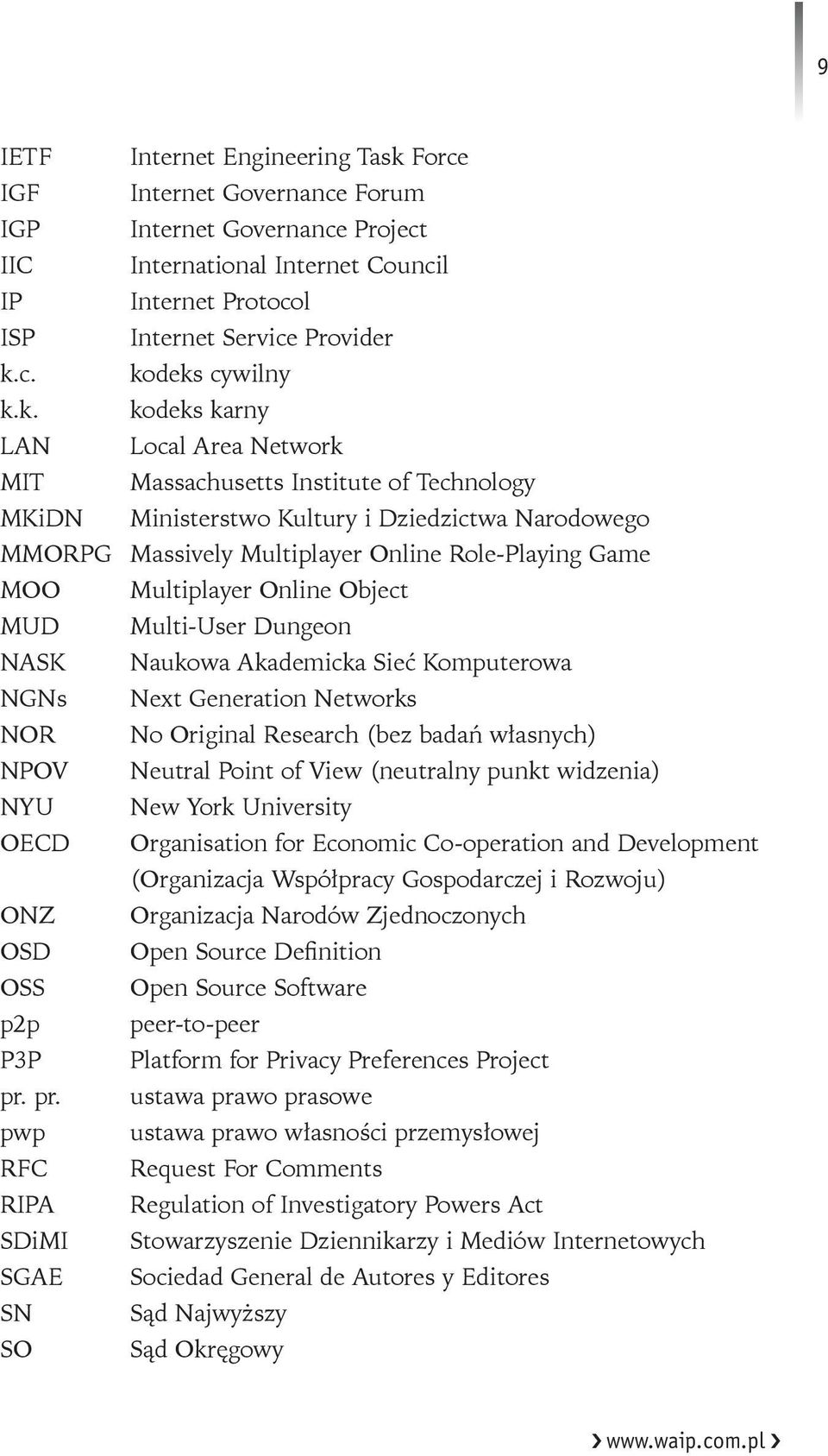 Multiplayer Online Object MUD Multi-User Dungeon NASK Naukowa Akademicka Sieć Komputerowa NGNs Next Generation Networks NOR No Original Research (bez badań własnych) NPOV Neutral Point of View