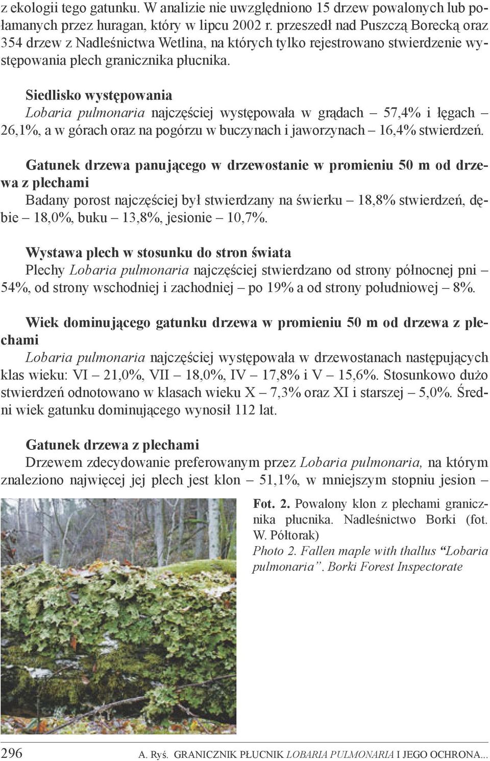 Siedlisko występowania Lobaria pulmonaria najczęściej występowała w grądach 57,4% i łęgach 26,1%, a w górach oraz na pogórzu w buczynach i jaworzynach 16,4% stwierdzeń.