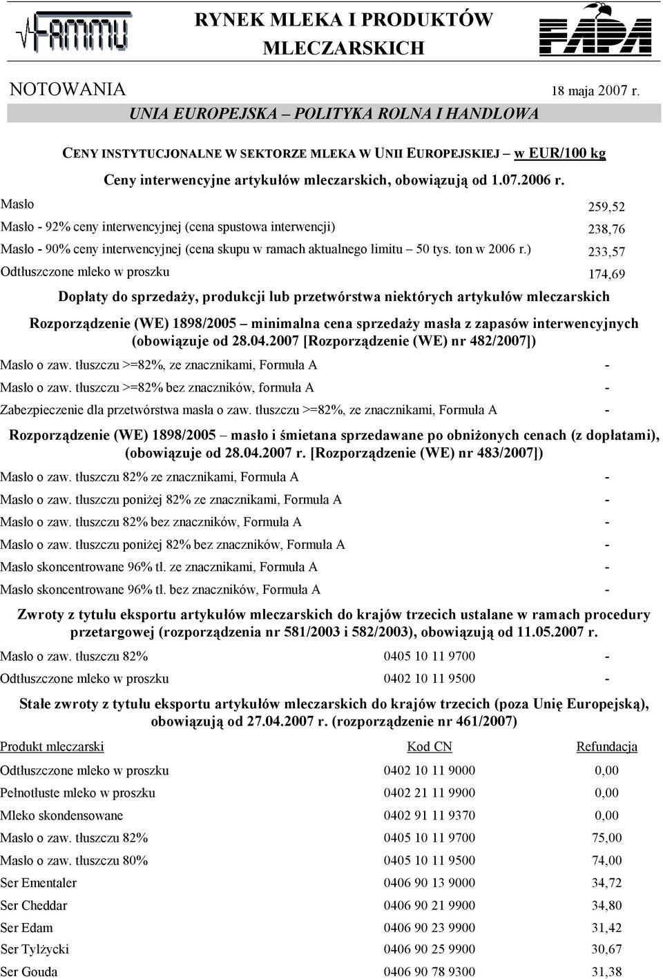 Masło 259,52 Masło - 92% ceny interwencyjnej (cena spustowa interwencji) 238,76 Masło - 90% ceny interwencyjnej (cena skupu w ramach aktualnego limitu 50 tys. ton w 2006 r.