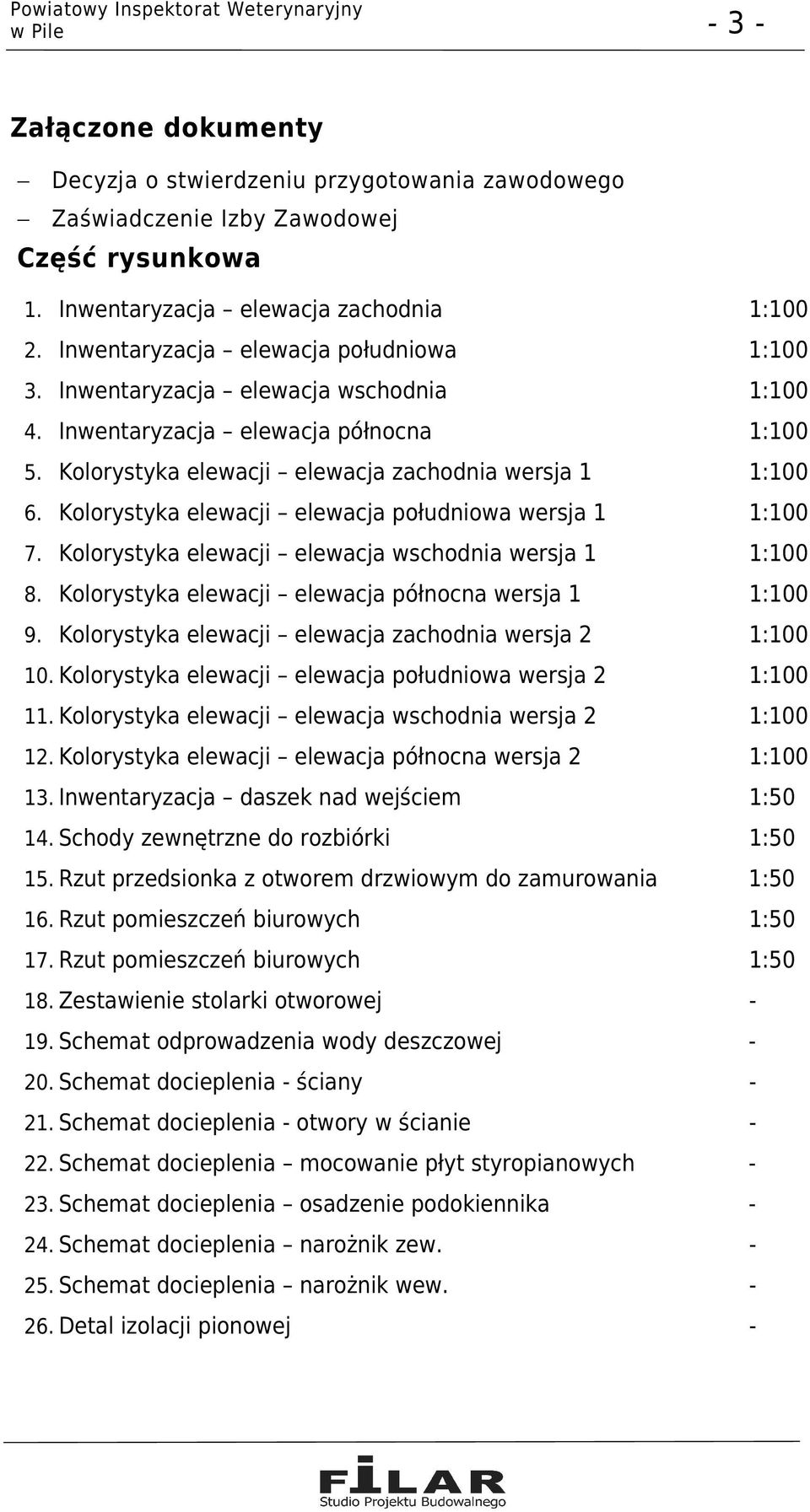 Kolorystyka elewacji elewacja południowa wersja 1 1:100 7. Kolorystyka elewacji elewacja wschodnia wersja 1 1:100 8. Kolorystyka elewacji elewacja północna wersja 1 1:100 9.