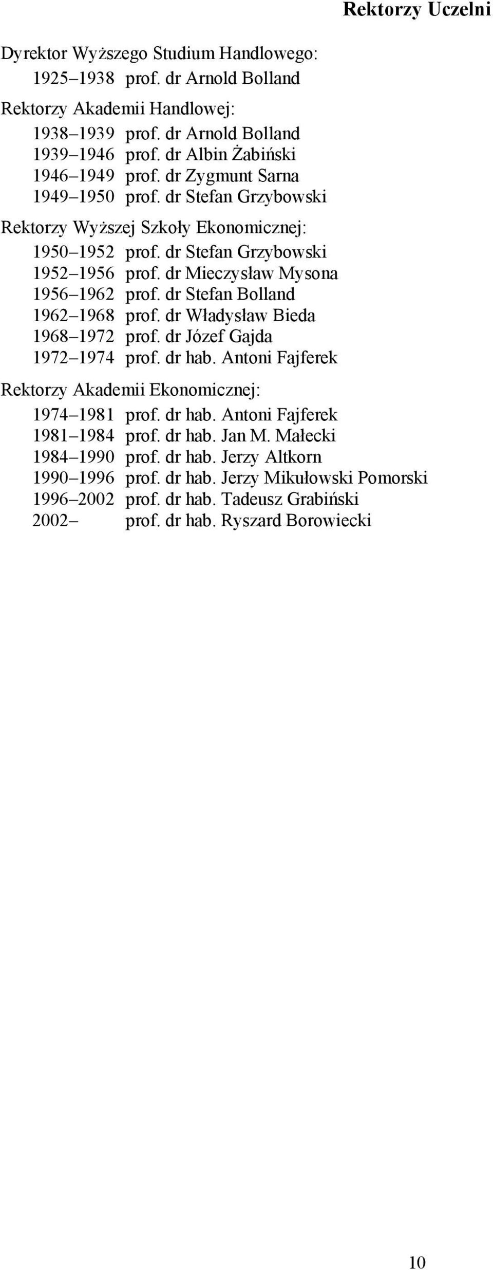 dr Stefan Bolland 1962 1968 prof. dr Władysław Bieda 1968 1972 prof. dr Józef Gajda 1972 1974 prof. dr hab. Antoni Fajferek Rektorzy Uczelni Rektorzy Akademii Ekonomicznej: 1974 1981 prof. dr hab. Antoni Fajferek 1981 1984 prof.