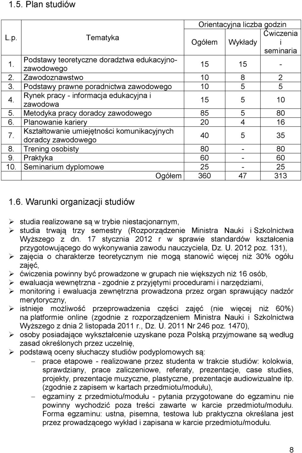 Kształtowanie umiejętności komunikacyjnych doradcy zawodowego 40 5 35 8. Trening osobisty 80-80 9. Praktyka 60