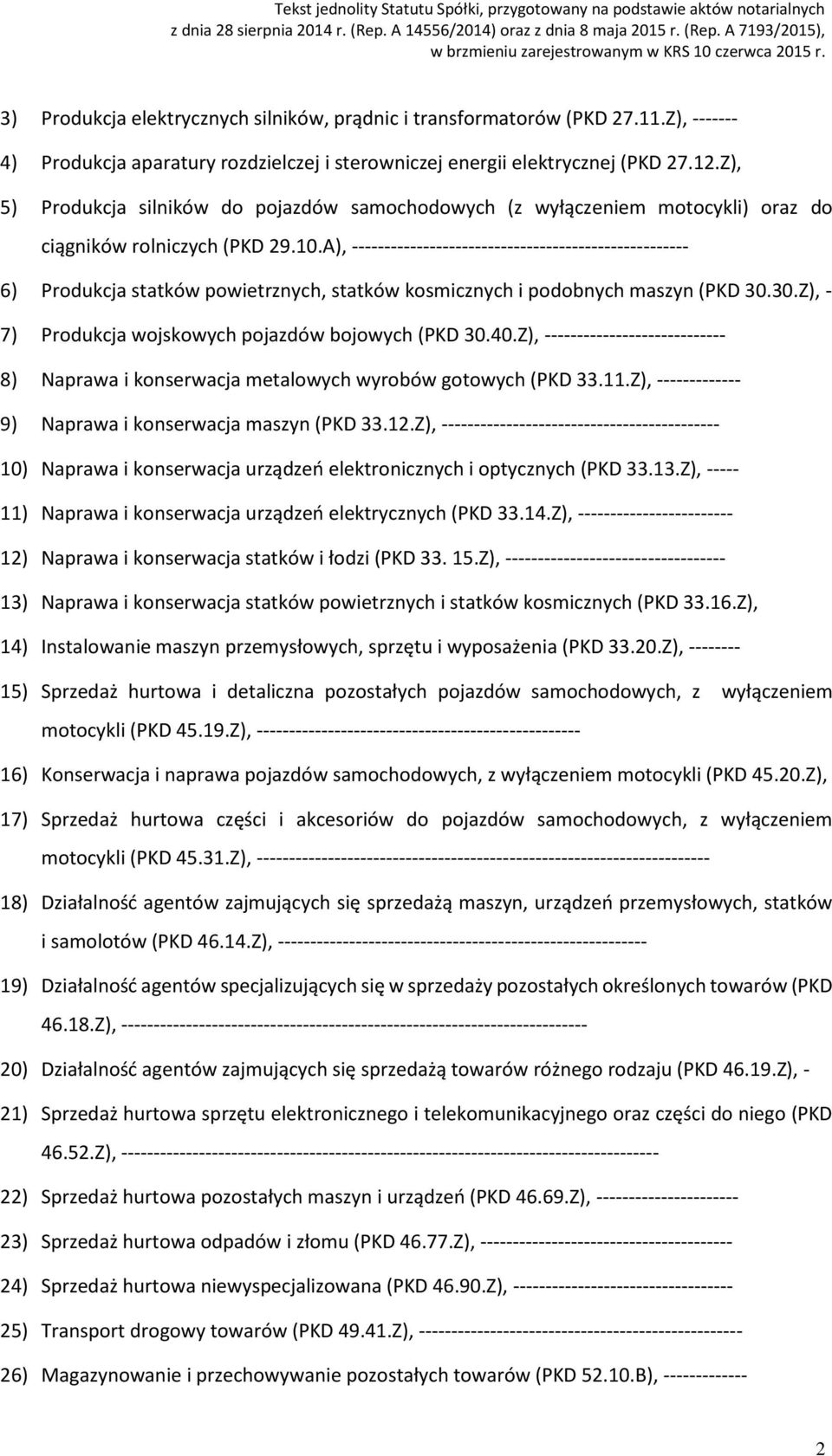 A), ---------------------------------------------------- 6) Produkcja statków powietrznych, statków kosmicznych i podobnych maszyn (PKD 30.30.Z), - 7) Produkcja wojskowych pojazdów bojowych (PKD 30.