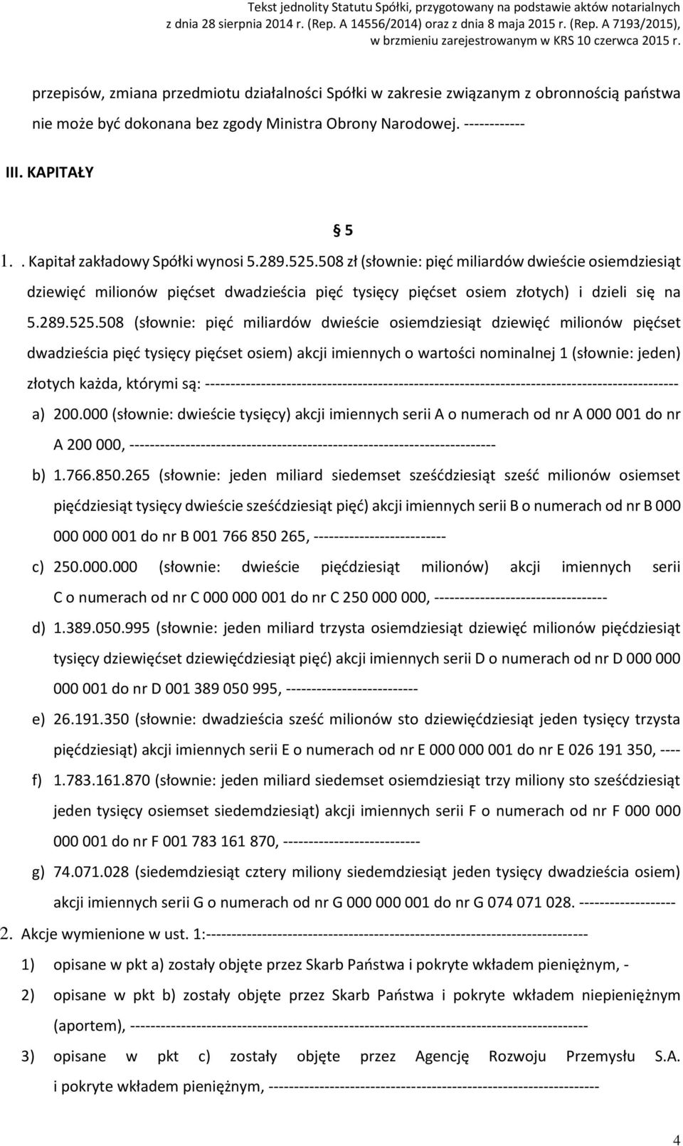 508 zł (słownie: pięć miliardów dwieście osiemdziesiąt dziewięć milionów pięćset dwadzieścia pięć tysięcy pięćset osiem złotych) i dzieli się na 5.289.525.