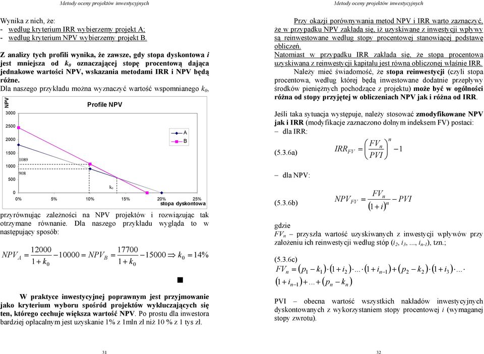 Dla aszeo przykładu moża wyzaczyć wartość wspomiaeo k 0, NPV 3000 500 000 1500 1000 500 przyrówując zależości a NPV projektów i rozwiązując tak otrzymae rówaie.