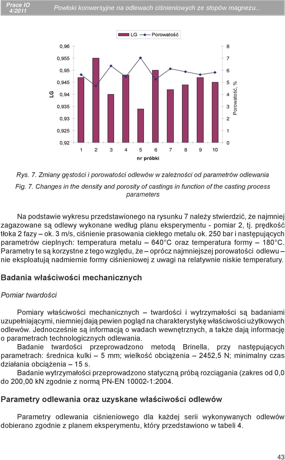 7. Changes in the density and porosity of castings in function of the casting process parameters Na podstawie wykresu przedstawionego na rysunku 7 należy stwierdzić, że najmniej zagazowane są odlewy