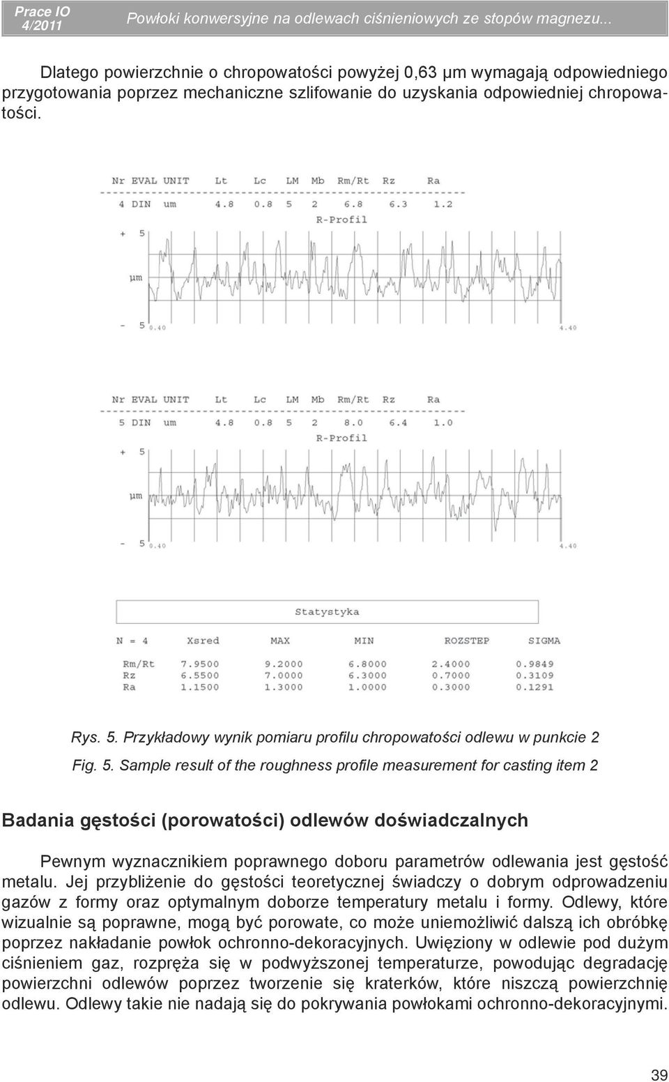 Przykładowy wynik pomiaru profilu chropowatości odlewu w punkcie 2 Fig. 5.