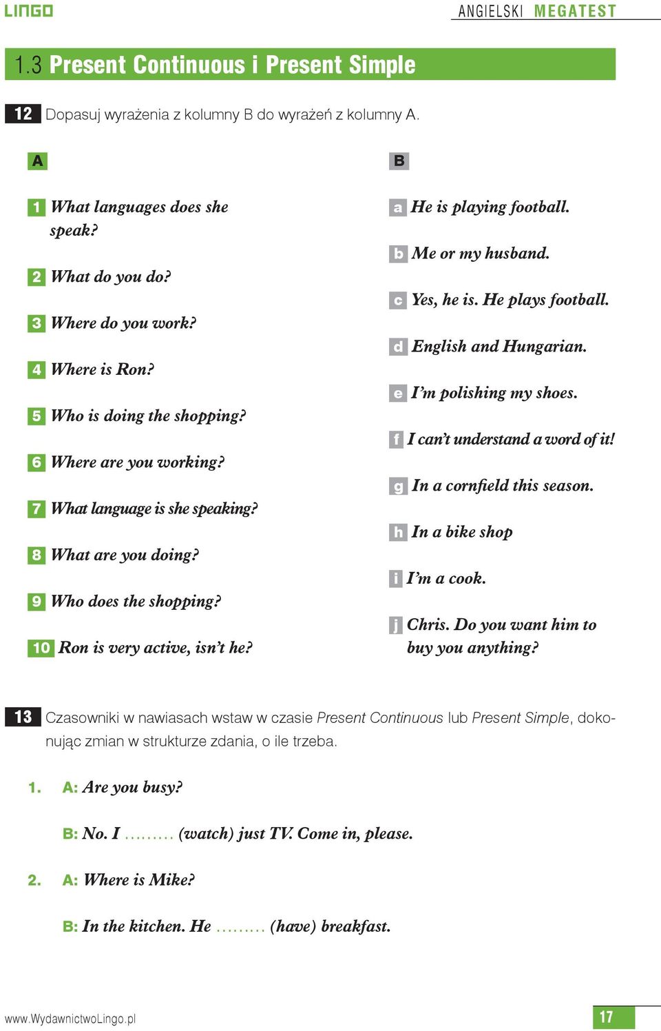 a He is playing football. b Me or my husband. c Yes, he is. He plays football. d English and Hungarian. e I m polishing my shoes. f I can t understand a word of it! g In a cornfield this season.