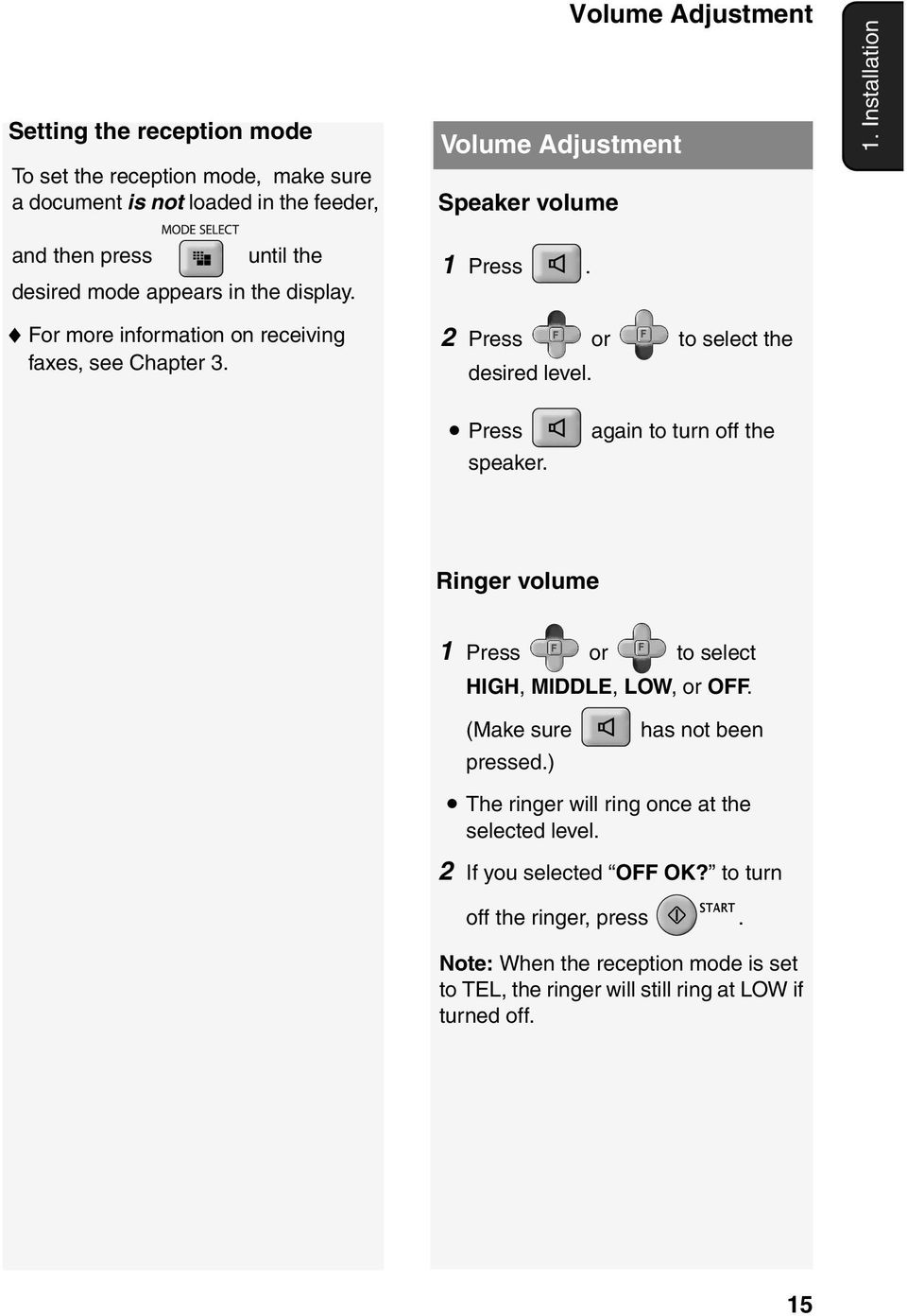 again to turn off the Ringer volume 1 Press or to select HIGH, MIDDLE, LOW, or O. (Make sure pressed.) has not been The ringer will ring once at the selected level.