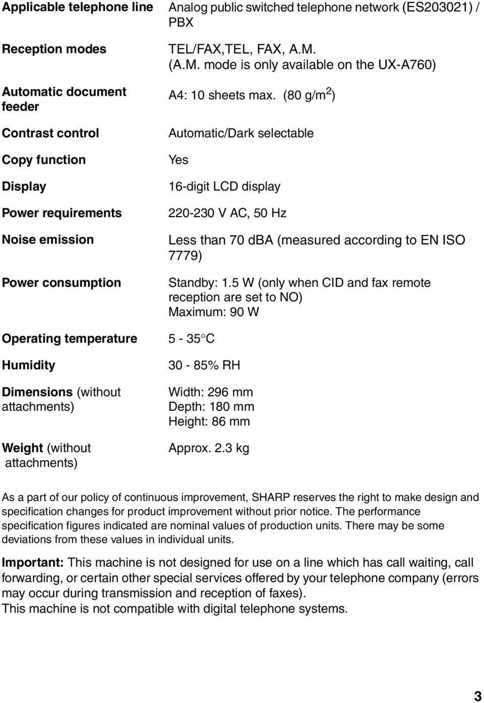 (80 g/m 2 ) Automatic/Dark selectable Yes 16-digit LCD display 220-230 V AC, 50 Hz Less than 70 dba (measured according to EN ISO 7779) Standby: 1.