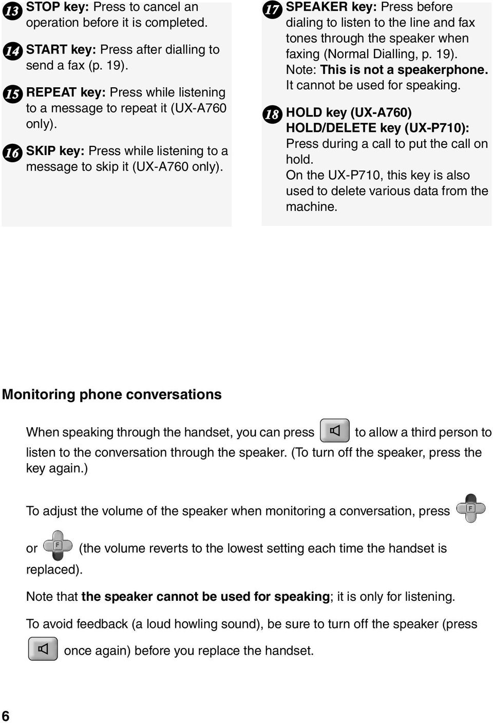 19). Note: This is not a speakerphone. It cannot be used for speaking. HOLD key (UX-A760) HOLD/DELETE key (UX-P710): Press during a call to put the call on hold.